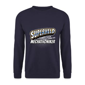 Superheld, clever getarnt als Mechatroniker - Unisex Pullover - Navy - Vorne - Alina (178cm) & Michal (187cm)