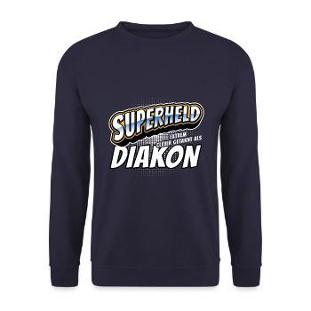 Superheld, clever getarnt als Diakon - Unisex Pullover - Navy - Vorne - Alina (178cm) & Michal (187cm)