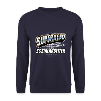 Superheld, clever getarnt als Sozialarbeiter - Unisex Pullover - Navy - Vorne - Alina (178cm) & Michal (187cm)