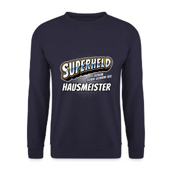 Superheld, clever getarnt als Hausmeister - Unisex Pullover - Navy - Vorne - Alina (178cm) & Michal (187cm)