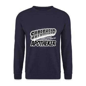 Superheld, clever getarnt als Apotheker - Unisex Pullover - Navy - Vorne - Alina (178cm) & Michal (187cm)