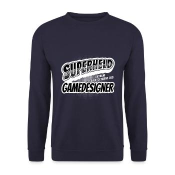 Superheld, clever getarnt als Gamedsigner - Unisex Pullover - Navy - Vorne - Alina (178cm) & Michal (187cm)