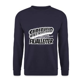 Superheld, clever getarnt als Filialleiter - Unisex Pullover - Navy - Vorne - Alina (178cm) & Michal (187cm)