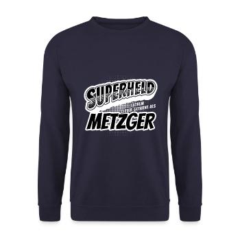 Superheld, clever getarnt als Metzger - Unisex Pullover - Navy - Vorne - Alina (178cm) & Michal (187cm)
