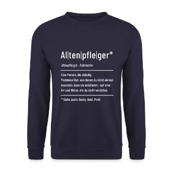 Altenpfleger - Definition - Lexikon - Unisex Pullover - Navy - Vorne - Alina (178cm) & Michal (187cm)
