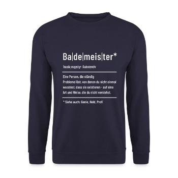 Bademeister - Definition - Lexikon - Unisex Pullover - Navy - Vorne - Alina (178cm) & Michal (187cm)