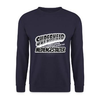 Superheld, clever getarnt als Mediengestalter - Unisex Pullover - Navy - Vorne - Alina (178cm) & Michal (187cm)