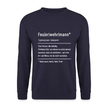 Feuerwehrmann - Definition - Lexikon - Unisex Pullover - Navy - Vorne - Alina (178cm) & Michal (187cm)