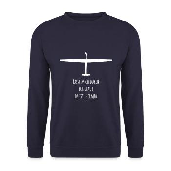 Lasst mich durch ich glaub da ist Thermik - Spruch - Unisex Pullover - Navy - Vorne - Alina (178cm) & Michal (187cm)