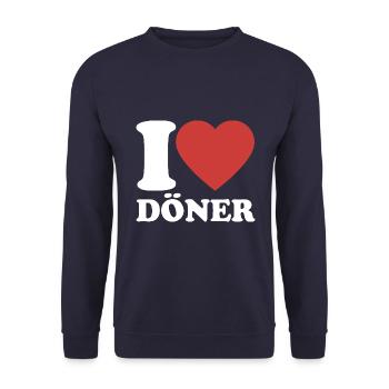 I Love Döner - Herz - Fast Food - Geschenk - Unisex Pullover - Navy - Vorne - Alina (178cm) & Michal (187cm)