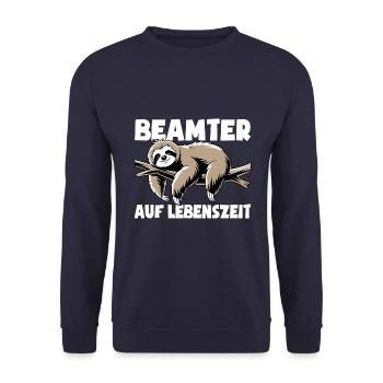 Faultier Beamter auf Lebenszeit - Spruch - Unisex Pullover - Navy - Vorne - Alina (178cm) & Michal (187cm)