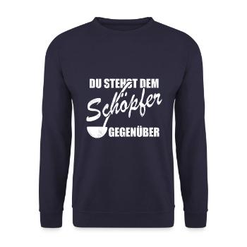 Du stehst dem Schöpfer gegenüber - Wortspiel - Unisex Pullover - Navy - Vorne - Alina (178cm) & Michal (187cm)