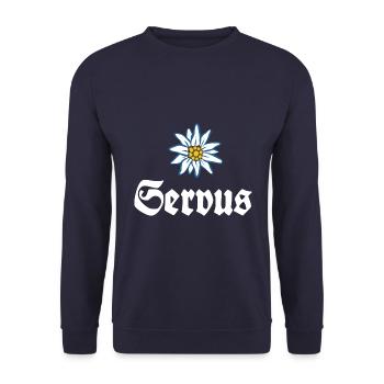 Servus - Alpen Edelweiß Gruß aus Bayern - Unisex Pullover - Navy - Vorne - Alina (178cm) & Michal (187cm)