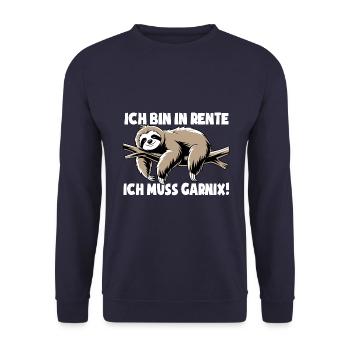Faultier - Ich bin in Rente ich muss garnix - Unisex Pullover - Navy - Vorne - Alina (178cm) & Michal (187cm)