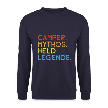 Camper Mythos Held Legede - Camping - Spruch - Unisex Pullover - Navy - Vorne - Alina (178cm) & Michal (187cm)