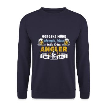 Morgens müde abends blau - Angler - Unisex Pullover - Navy - Vorne - Alina (178cm) & Michal (187cm)
