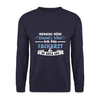 Morgens müde, abends blau - Facharzt - Unisex Pullover - Navy - Vorne - Alina (178cm) & Michal (187cm)