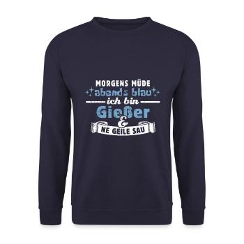Morgens müde, abends blau - Gießer - Unisex Pullover - Navy - Vorne - Alina (178cm) & Michal (187cm)