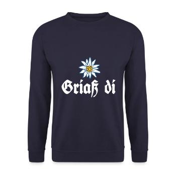 Griaß di - Alpen Edelweiß Gruß aus Bayern - Unisex Pullover - Navy - Vorne - Alina (178cm) & Michal (187cm)