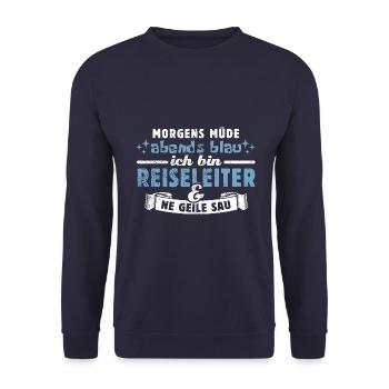 Morgens müde, abends blau - Reiseleiter - Unisex Pullover - Navy - Vorne - Alina (178cm) & Michal (187cm)