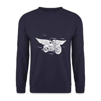 Vintage Motorrad mit Flügel / Biker / Motorcycle - Unisex Pullover - Navy - Vorne - Alina (178cm) & Michal (187cm)