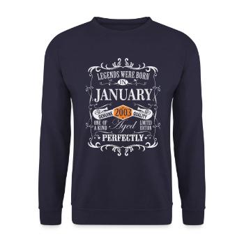 20. Geburtstag - Legends were born Januar 2003 - Unisex Pullover - Navy - Vorne - Alina (178cm) & Michal (187cm)