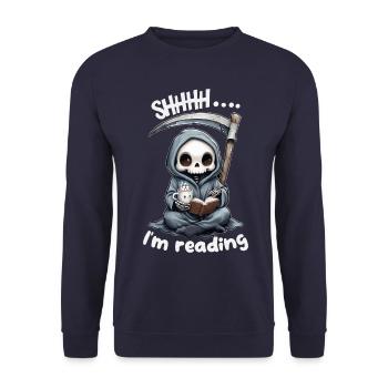 Sensenmann liest ein Buch mit Kaffee - Unisex Pullover - Navy - Vorne - Alina (178cm) & Michal (187cm)
