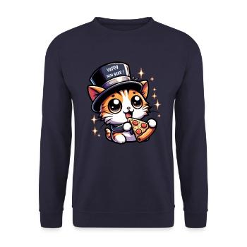 Neujahr Sylvester Katze Salam Pizza Happy New Year - Unisex Pullover - Navy - Vorne - Alina (178cm) & Michal (187cm)