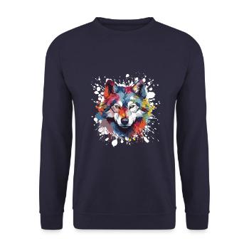 Wolf Pop Art Kopf - Unisex Pullover - Navy - Vorne - Alina (178cm) & Michal (187cm)