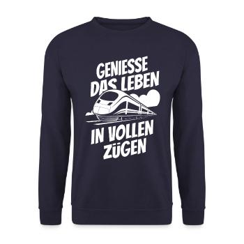 Genieße das Leben in vollen Zügen - Bahn - Zug - Unisex Pullover - Navy - Vorne - Alina (178cm) & Michal (187cm)