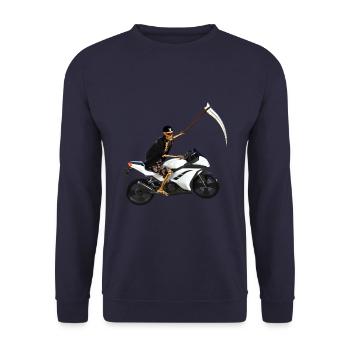 Sensenmann steigt um auf´s Motorrad - Unisex Pullover - Navy - Vorne - Alina (178cm) & Michal (187cm)