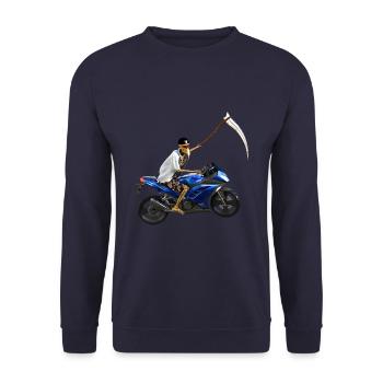 Sensenmann steigt um auf´s Motorrad - Unisex Pullover - Navy - Vorne - Alina (178cm) & Michal (187cm)