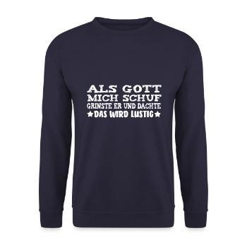 Als Gott mich schuf [white] - Unisex Pullover - Navy - Vorne - Alina (178cm) & Michal (187cm)
