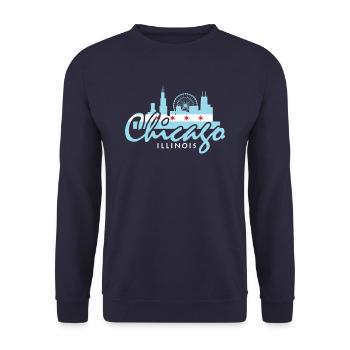 Chicago-Skyline-Hemd-Schattenbild IL-Stadt-Flagge - Unisex Pullover - Navy - Vorne - Alina (178cm) & Michal (187cm)