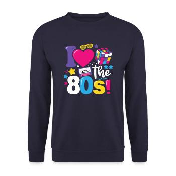 Ich liebe das 80er Jahre Shirt 80er Jahre Kleidung für Damen und Herren - Unisex Pullover - Navy - Vorne - Alina (178cm) & Michal (187cm)
