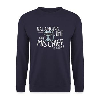 Balancing Life One Mischief At A Time! Cat - Unisex Sweatshirt - navy - Front - Alina (178cm) & Michal (187cm)