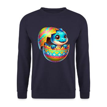 Osterei Dino T-Rex Schlüpfen Bunt Cartoon - Unisex Pullover - Navy - Vorne - Alina (178cm) & Michal (187cm)