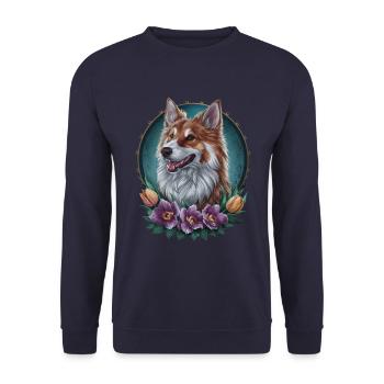 Norwegian Elkhound with Tulips and Flowers - Unisex Sweatshirt - navy - Front - Alina (178cm) & Michal (187cm)