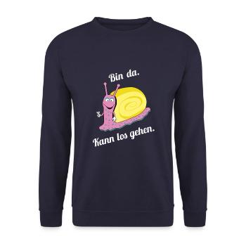 Geschenk Garten Schnecke Bin da kann losgehen - Unisex Pullover - Navy - Vorne - Alina (178cm) & Michal (187cm)