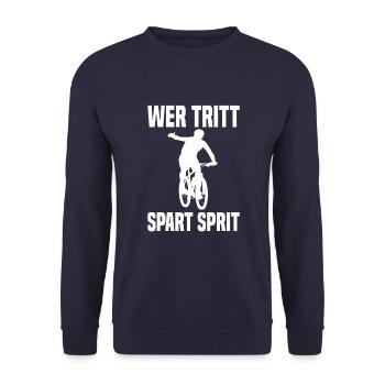 Wer Tritt Spart Sprit Lustiger Fahrrad Spruch - Unisex Pullover - Navy - Vorne - Alina (178cm) & Michal (187cm)