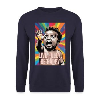 Live Fully, Be Happy - Milas Christian Streetwear - Unisex Pullover - Navy - Vorne - Alina (178cm) & Michal (187cm)
