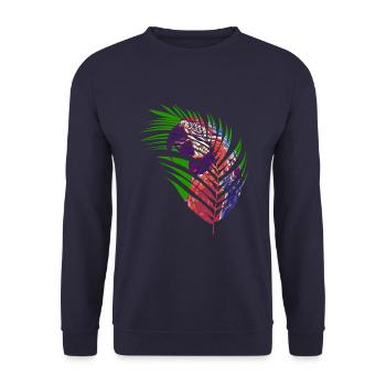 Papagei im Blatt - Unisex Pullover - Navy - Vorne - Alina (178cm) & Michal (187cm)