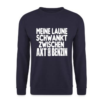 Meine Laune schwankt zwischen AXT und BENZIN - Unisex Pullover - Navy - Vorne - Alina (178cm) & Michal (187cm)