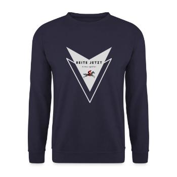 REITE JETZT - ATME SPÄTER - Nr. 5 Reitersprüche - Unisex Pullover - Navy - Vorne - Alina (178cm) & Michal (187cm)