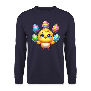 Ostern Huhn Küken Osterei bunte Eier jonglieren - Unisex Pullover - Navy - Vorne - Alina (178cm) & Michal (187cm)