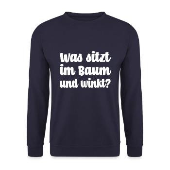 Was sitzt im Baum und winkt? [white] - Unisex Pullover - Navy - Vorne - Alina (178cm) & Michal (187cm)