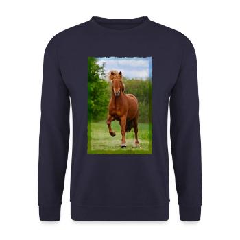 Icelandic horse running in tölt over meadow horse photo - Unisex Sweatshirt - navy - Front - Alina (178cm) & Michal (187cm)