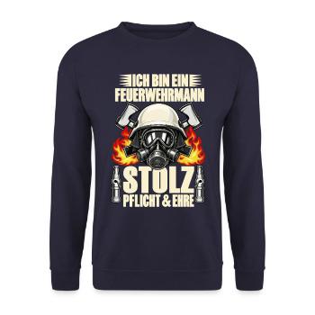 Ich bin ein Feuerwehrmann – Stolz, Pflicht & Ehre - Unisex Pullover - Navy - Vorne - Alina (178cm) & Michal (187cm)