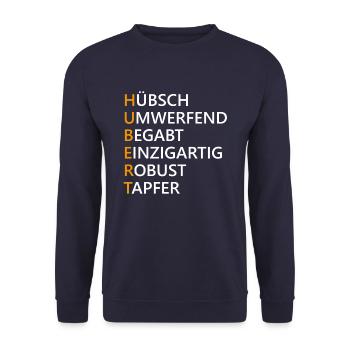 Hubert Name Geschenk - Unisex Pullover - Navy - Vorne - Alina (178cm) & Michal (187cm)