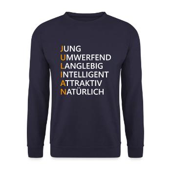 Julian Name Geschenk - Unisex Pullover - Navy - Vorne - Alina (178cm) & Michal (187cm)